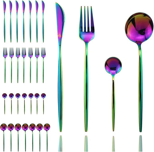 JASHII 32 Pieces Silverware Set, Flatware Set Stainless Steel Cutlery Set Service for 1,Include Knife/Fork/Spoon,Mirror Polished (Rainbow)