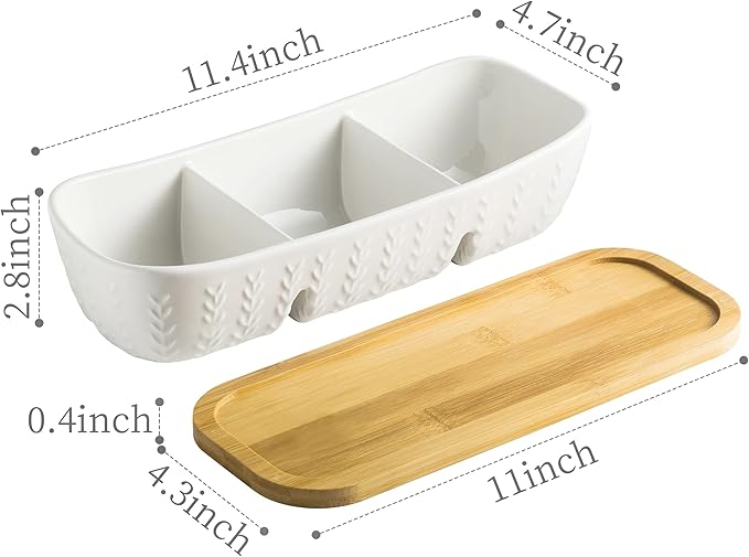 Chip and Dip Serving Set with Acacia Wood Serving Tray, Majolica Salsa Turtles - Condiment Tray for Snacks, Appetizers, Charcuterie, Candy, Food, Divided Party Serving Trays