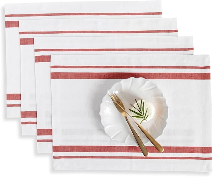 Solino Home Linen Placemats Set of 4 - French Stripe Red and White Placemats 14 x 19 Inch - 100% Pure Linen Table Mats for Christmas, Holiday, Winter, New Year