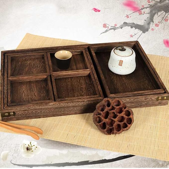 PRETYZOOM 1Pc Retro Solid Wood Tea Tray Rectangular Fruit Serving Tray for Desserts Drinks Natural Design Sturdy for Parties Home Decor Black Brown