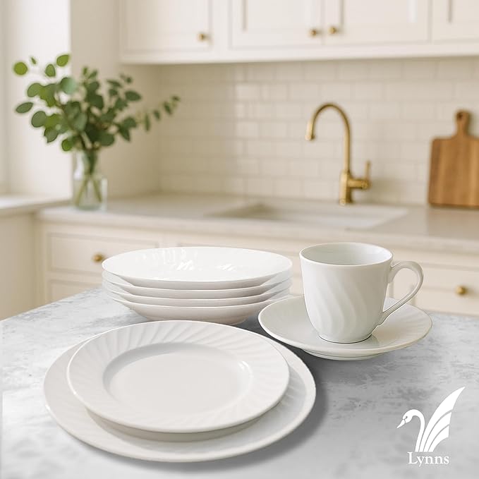Lynns Paradise Imperial White 40pc Dinnerware Set Embossed Swirl Porcelain, Elegant Versatility, Glossy Classic Finish Service for 8 with Dinner Plates, Bowls, Cups, and Saucers