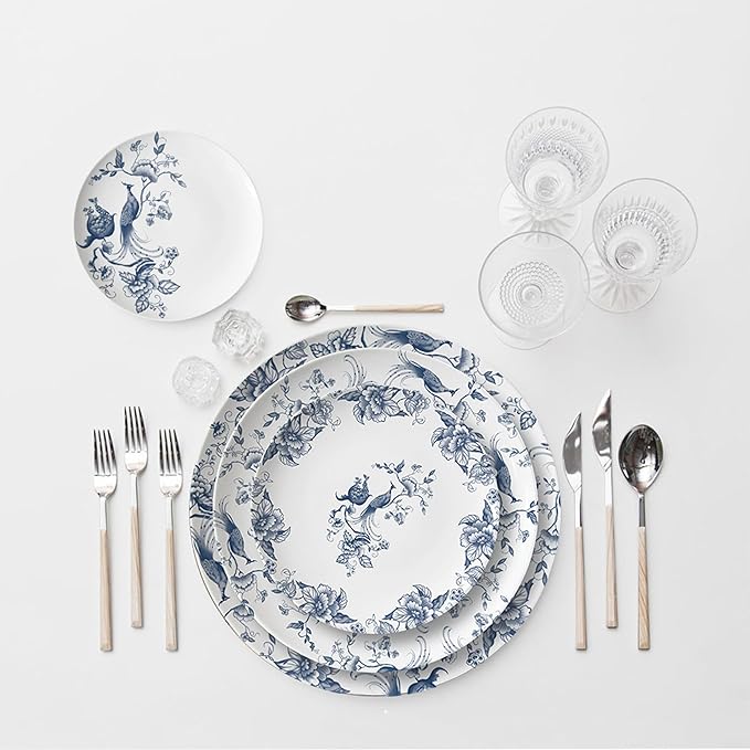 ceramic plate set for 2, 8 piece bone china dinnerware set, blue and white floral bird porcelain dishes sets for wedding, housewarming, hotel