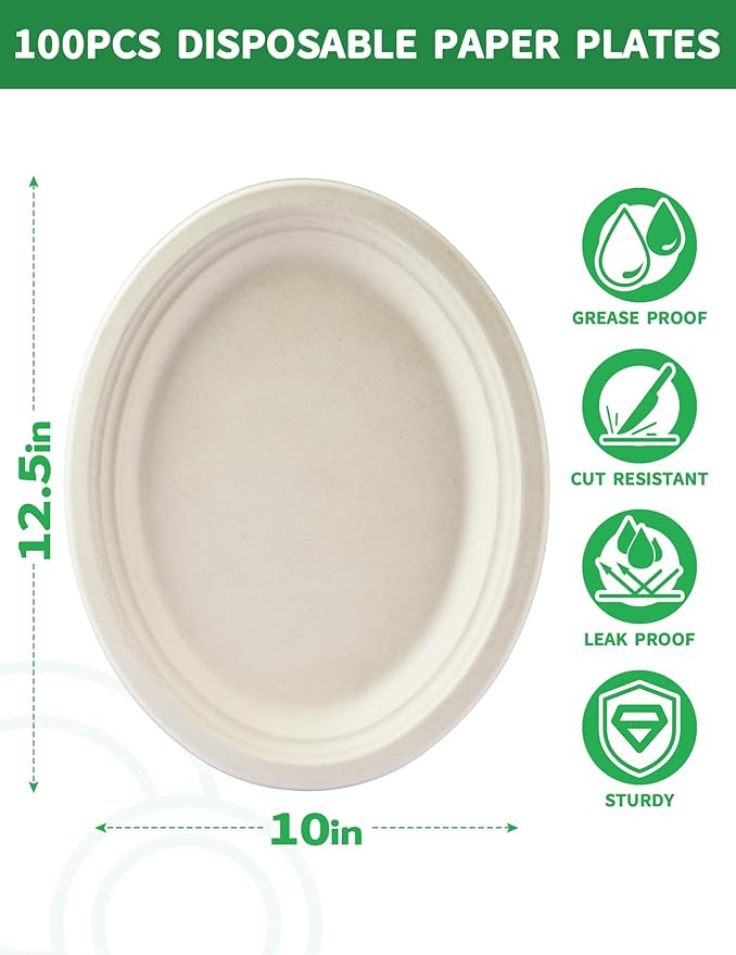 Compostable Biodegradable Disposable Oval Paper Plates, Large 12.5″ [100-Pack] - Heavy Duty Leak-Resistant Disposable Plates for BBQ, Picnic, Party, Birthday, Events, Dinner, Appetizer, Dessert & Cake
