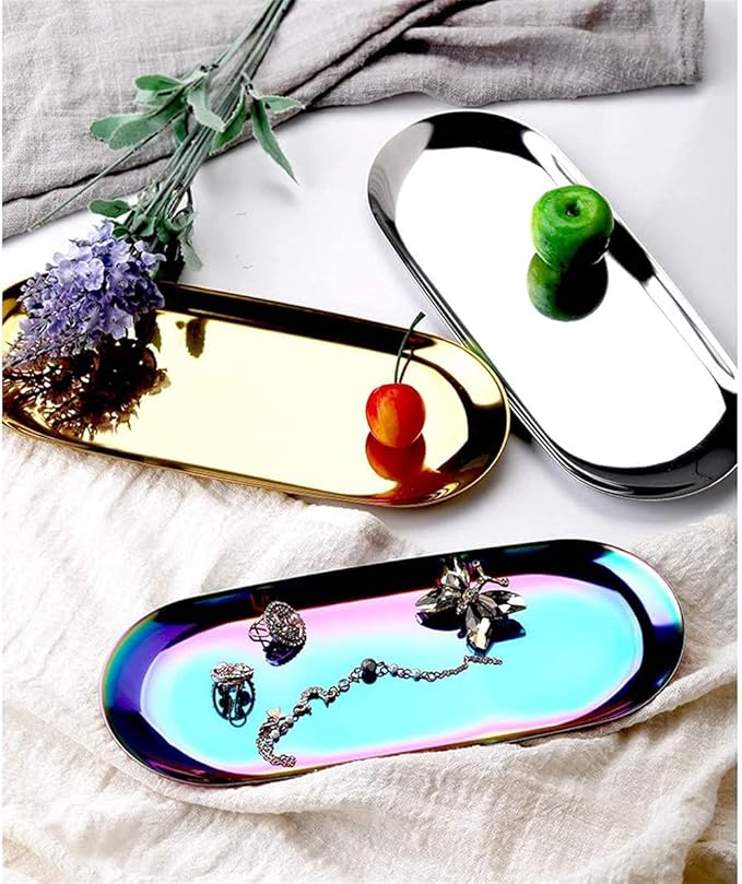 Serving Tray Oval Stainless Steel Tray Fruit Trays Storage Tray Serving Plate Cosmetics Jewelry Decorative Organizer for Coffee, Dessert, Fruit.-Gold||Small