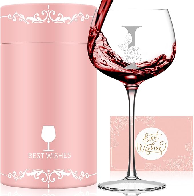 Personalized Gifts for Women, Monogrammed A-Z Wine Glass Customized Gift, Unique Christmas Birthday Gifts for Women Her Mom Friend Sister Wife Daughter Nurse (I)