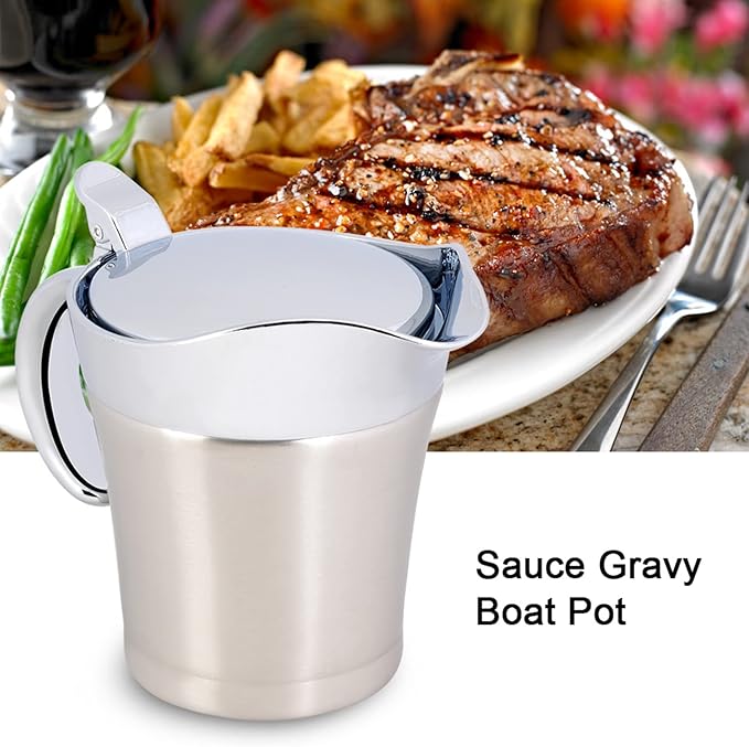 Sauce Gravy Pot, Gravy Boats with Hinged Lid, Creamer Pitcher, 304 Stainless Steel Double Insulated Gravy Boat for Salad Dressing Custard Milk Coffee Cream (Small 450ml)