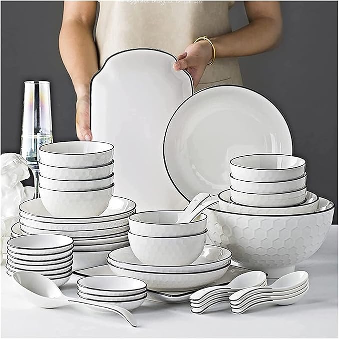 Dinnerware Set Luxury Family Dinner Service Set, 56-Piece White Dinnerware Sets, Modern European Dinner Plate and Bowl Set, Table Service for 10-12, Phnom Penh Tableware,