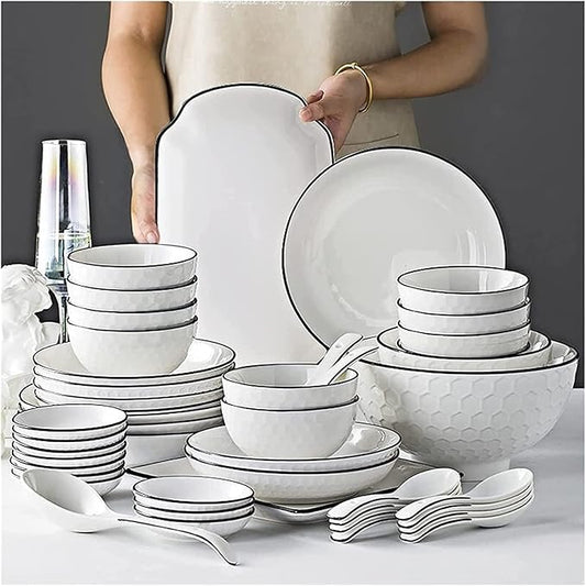 Dinnerware Set Luxury Family Dinner Service Set, 56-Piece White Dinnerware Sets, Modern European Dinner Plate and Bowl Set, Table Service for 10-12, Phnom Penh Tableware,