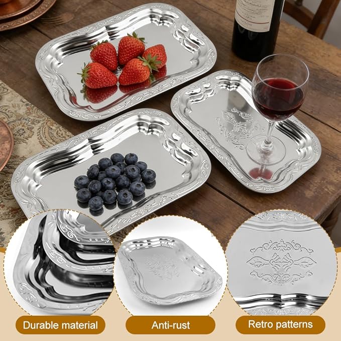 3Pack Silver Serving Trays Set,Vintage Floral Engraved Mirror Decorative Tray,Silver Platter Tray for Whiskey, Cookies, Charcuterie, Snacks, Desserts, Fruit, Party Food Display