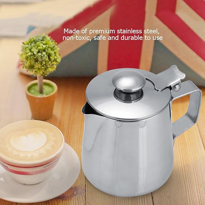 Milk Frothing Pitcher, Stainless Steel Milk Frother Cup with Lid Small Creamer Pitcher Latte Coffee Art Barista Milk Jug Cup Espresso Accessories (350ml)