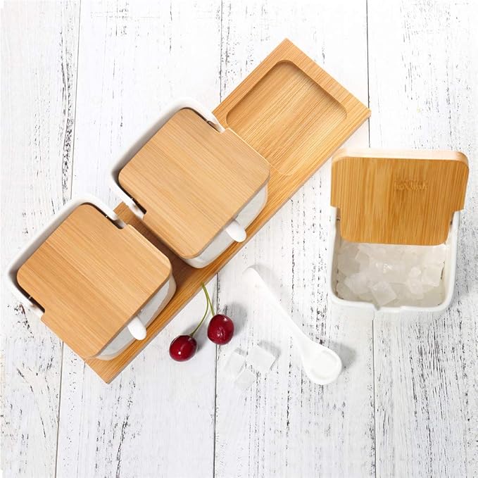 Lucky Goddness Porcelain Sugar Bowl Condiment Jar-Ceramic Flip Top Spice Container with Bamboo Lids and Spoons,for Kitchen Home