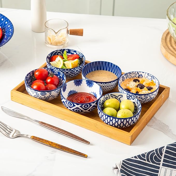 Ceramic Mini Dipping Bowls - 4 Oz Small Dessert Bowl Set - 3.5 Inch Porcelain Bowls for Side Dishes, Snack, Yogurt, Appetizer - Microwave Dishwasher Safe - Set of 6 - Vintage Blue