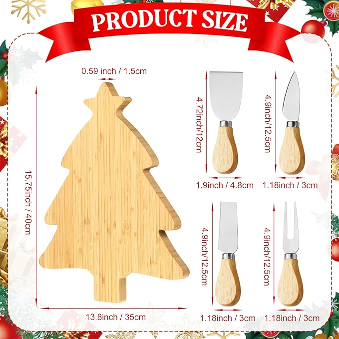 Remerry Christmas Bamboo Cutting Board Tray and Knife Set Xmas Tree Serving Tray Christmas Serving Dishes Charcuterie Board Platter Food Plate for Cheese Fruit Dessert Kitchen Party Gift Supplies