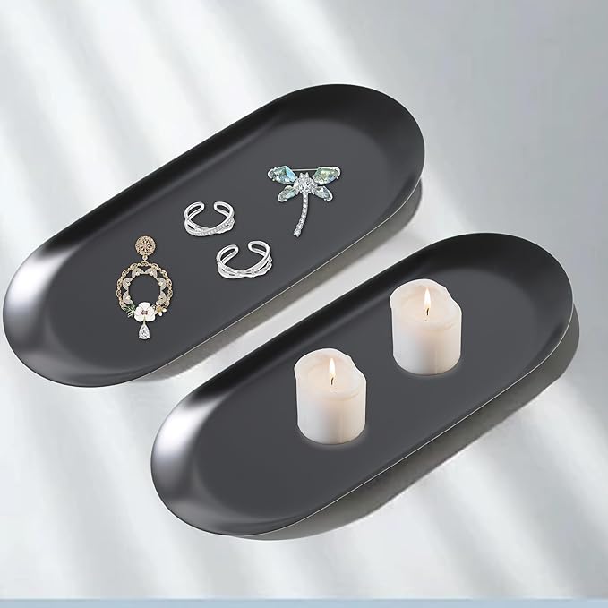 2Pcs 9x4inch Stainless Steel Decorative Trays, Oval Jewelry Dish Cosmetics Organizer, Black Serving Platter for Bathroom Vanity Dresser Storage