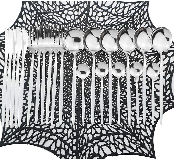 Silverware Set, 24-Piece Stainless Steel Shiny Flatware, Tableware Cutlery for Home and Restaurant, Dishwasher Safe, White Handle Silver