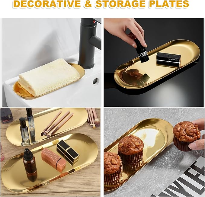 4PCS Stainless Steel Serving Tray Set Gold Platters for Serving Food Party Large Metal Trays Decorative 12" Long Plate Oval Storage Trays Thickened Serving Dishes for Entertaining Sushi Snack