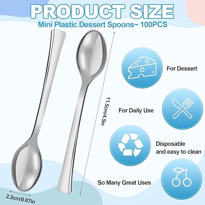 100PCS Silver Plastic Mini Spoons, Disposable Dessert Spoons 4.5 Inches, Perfect for Coffee, Cake, Appetizers