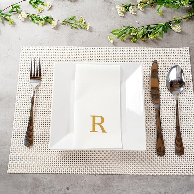 Luxenap 15.8 X 7.9 Inch Linen-Feel Guest Towels, 2000 Lettered Hand Towels - Gold Letter 'R', Sans Serif Font, White Paper Dinner Napkins, airlaid, For Restrooms And Tables