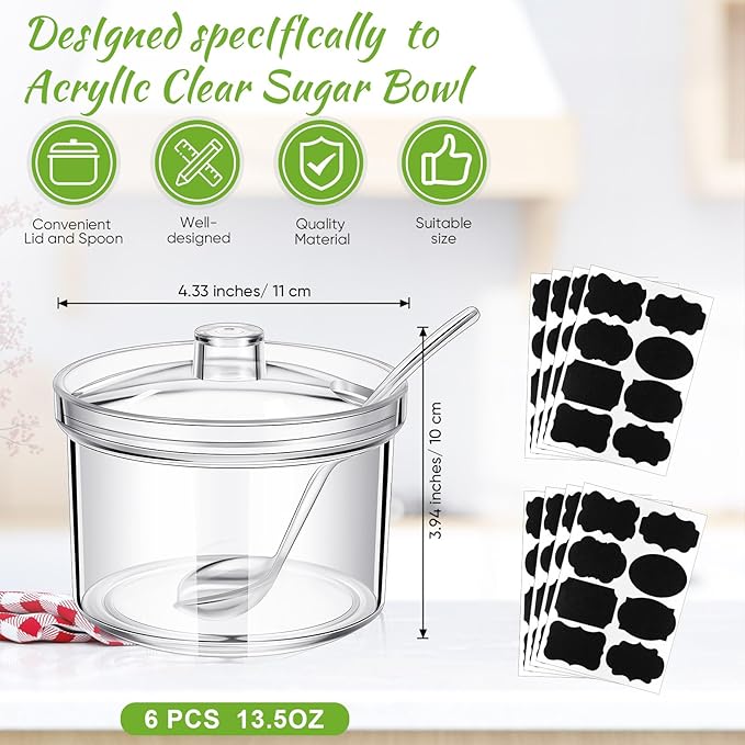 Tioncy 6 Pcs Hot Cocoa Bar Supplies Sugar Bowls with Lid and Spoon Party Bar Ice Cream Sundae Caramel Apple Dipping Container Christmas Acrylic Candy Dispenser with Tag (13.5 oz,Clear)