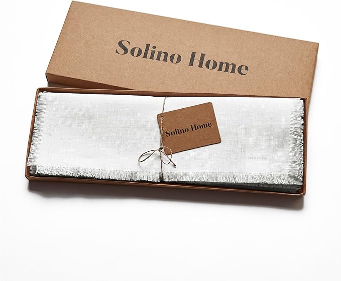 Solino Home Fringe Linen Placemats Set of 4 - White Placemats 14 x 19 Inch - 100% Pure Linen Table Mats for Winter, Christmas, Holiday, New Year