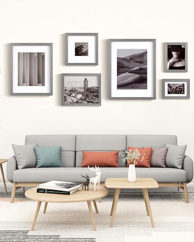 Egofine 5x7 Picture Frames Set of 4, Made of Solid Wood Covered by Plexiglass 3.5x5 and 4x6 with Mat or 5x7 without Mat, for Table Top Display and Wall Mounting Photo Frame Light Grey