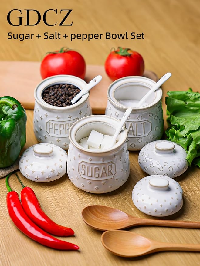 GDCZ 10 Oz Sugar Pepper and Salt Bowls with Lid and Spoon, Ceramics Seasoning Container, Seasoning Jar Spice Container for Kitchen,Dishwasher Safe, Set of 3 (White)