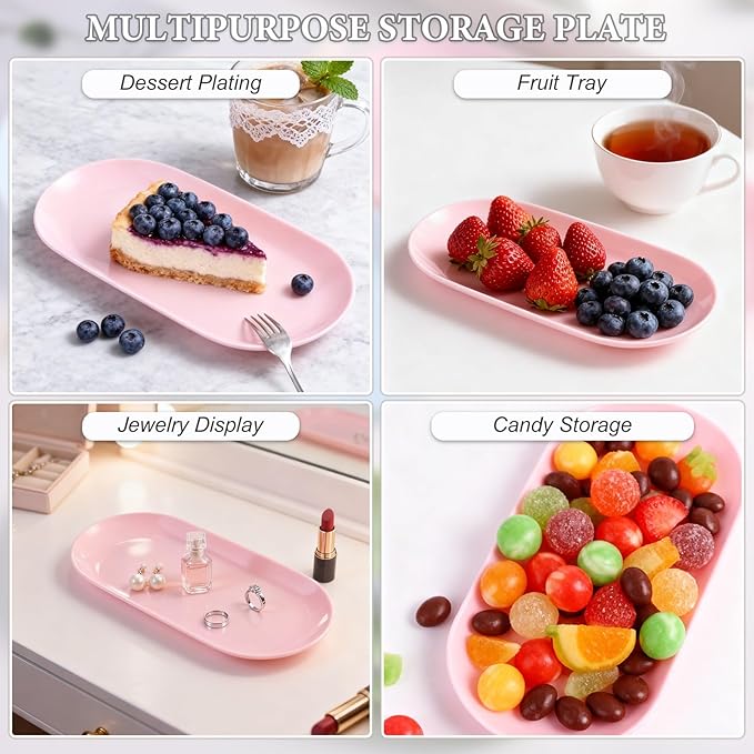 2 Pack Pink Plastic Jewelry Tray Decorative Dish, Small Oval Candy Dessert Plate, Manicure Tools Placing Supplies for Home Salon Storage