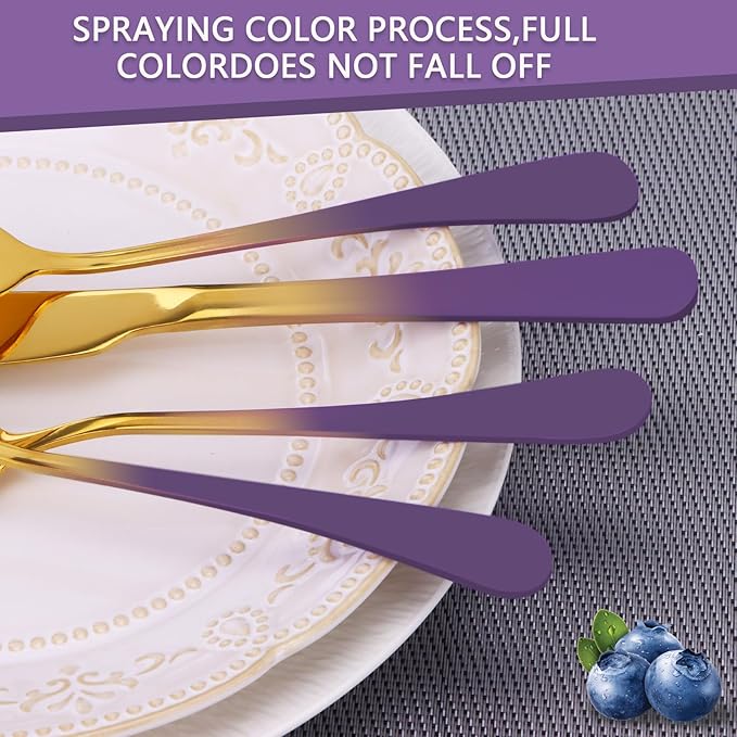 24 Pieces Flatware Set, Stainless Steel Cutlery Set with Silverware Holder, Modern Gold Silverware Set Includes Dinner Knives Forks Spoons,Hanging Silverware Set Service for 6 (Purple)