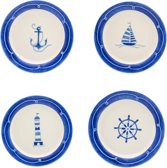 Euro Ceramica Ahoy Collection Nautical 12 Piece Dessert Set | Service for 4 | Assorted Designs, Blue & White,Standard,AHO-86001
