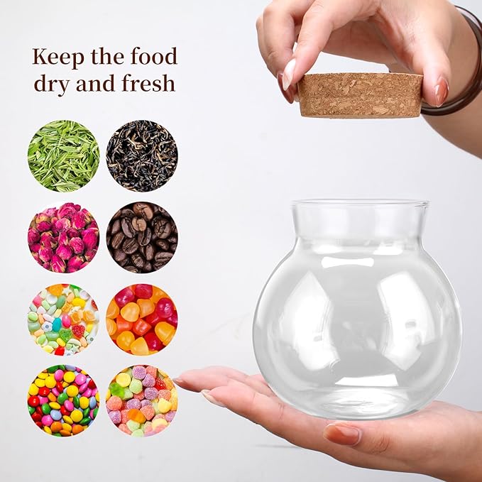 17oz Spherical Glass Jar with Cork Lid Airtight - Kitchen Glass Jar for Preserving and Storing candy, tea, Coffee, Spice, flour, Beans etc (6)