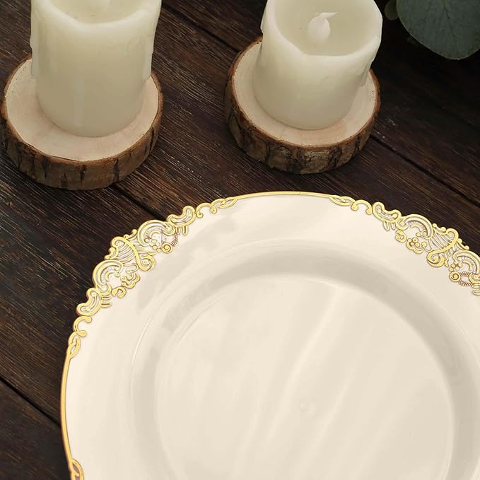 8" Salad Plates -Set of 20 - Plastic Ivory Round Baroque Disposable Chargers Leaf Embossed Rim, Ideal for Dinner Party Wedding Bulk Events