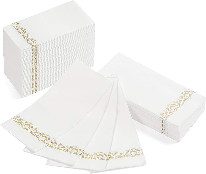AMERICAN HOMESTEAD Disposable Hand Towels for Bathroom - Decorative Gold Brocade Design - Linen-Like Guest Napkins for Events, or Dinner Parties - Paper Towels - 15.5" x 12" - 100 Count
