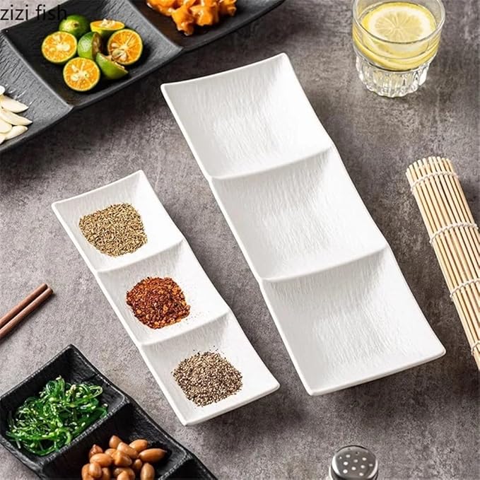 Appetizer Plates Matte Ceramic Seasoning Dish Soy Sauce Vinegar Dish Dessert Plate Sushi Plate 3 Grids Snack Plate for Condiment(Black,Small)