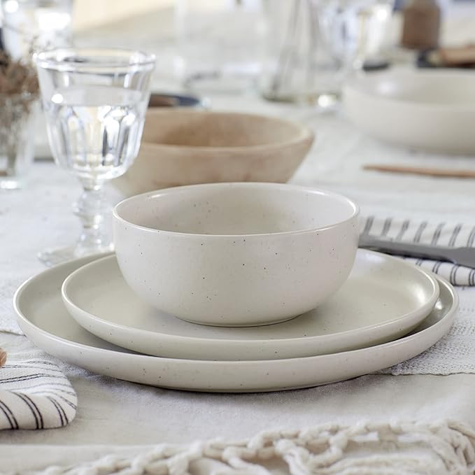 Casafina Ceramic Stoneware 16-Piece Place Setting Service for 4 with Cereal & Pasta Bowls - Pacifica Collection, Vanilla | Microwave & Dishwasher Safe Dinnerware Set | Restaurant Quality Tableware
