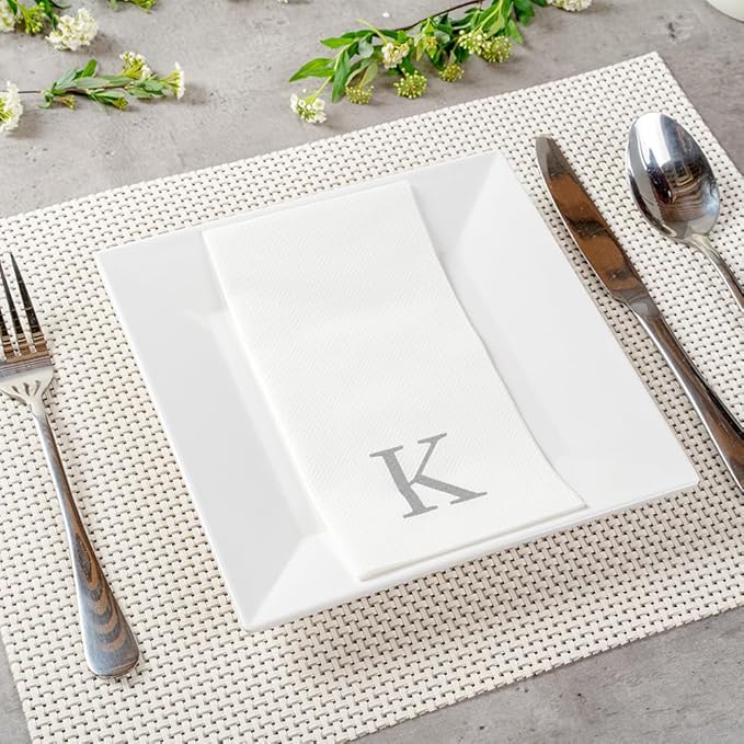 Luxenap 15.8 X 7.9 Inch Linen-Feel Guest Towels, 2000 Lettered Hand Towels - Silver Letter 'K', Sans Serif Font, White Paper Dinner Napkins, airlaid, For Restrooms And Tables - Restaurantware