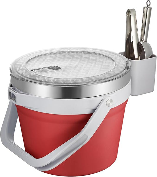 COKTIK 7L Vacuum Insulated Ice Bucket with Lid and Scoop& Tongs，Large capacity Stainless Steel Beverage Bucket for Cocktail, Champagne, Wine, Beer，Large Parties（Red Suit）