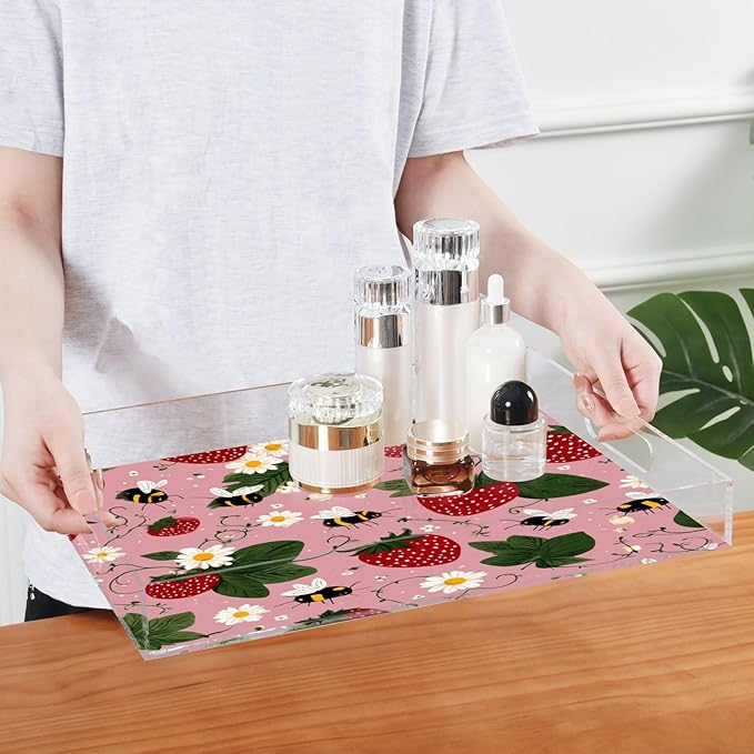 Serving Tray with Handles Clear Acrylic Tray 12x16 Inch Decorative Rectangular Tray Organizer for Ottoman Coffee Table Bathroom Pink Bees Flowers Strawberry