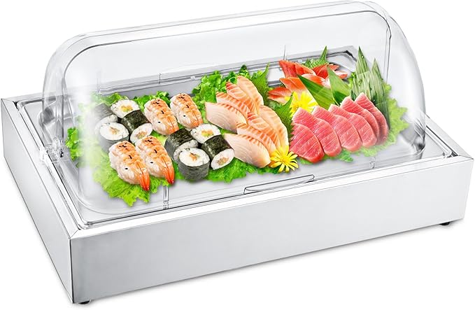 Ice Food Serving Display Tray, Cold Serving Plate with Clear Roll Top, 5QT Stainless Steel Food Serving Tray, Cooling Food Dishes Display Plate for Home, Buffet, Restaurant, Party