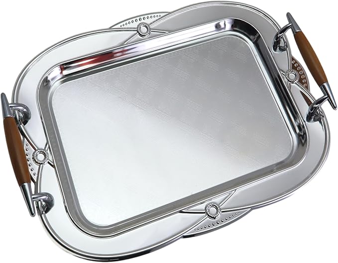 14.2 inch x 10.2 inch Floral Shape Antique Decorative Style Chrome Plated Silver Serving Tray with Handles Floral Engraved Edge Buffet Party Decor Platter Plate Dish FST-049