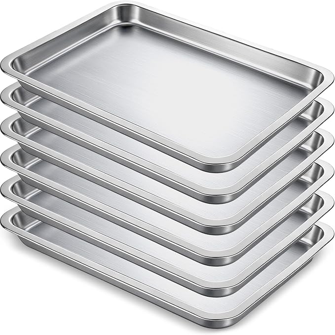 6 Pcs 8.6 x 6.4 Inch Baking Sheets Stainless Steel Baking Pan Tray Cookie Sheet Rectangle Mirror Finish and Rust Free Easy Clean and Dishwasher Safe Bakeware Oven Tray for Roasting (Silver)