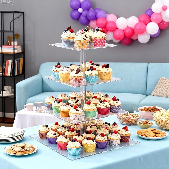 SHENLIU 2 Pack 4 Tier Acrylic Cupcake Stand for 50 Cupcakes, Large Square Cupcake Tower, Clear Acrylic Cupcakes Holder Display Dessert Stand for Birthday, Wedding, Baby Shower, Halloween, Party DéCor