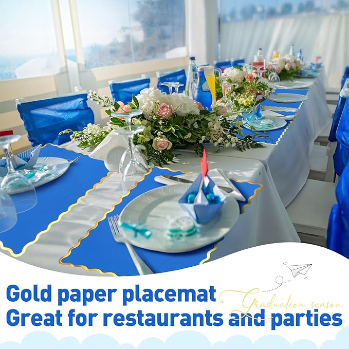 150 Pcs Disposable Paper Placemats Bulk 10"x14" Rectangle Place Mats with Scalloped Edges Dining Table Mat for Wedding Birthday Easter Party Table Decoration(Blue)