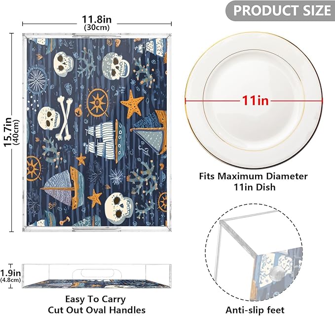Serving Tray with Handles Clear Acrylic Tray 12x16 Inch Decorative Rectangular Tray Organizer for Ottoman Coffee Table Bathroom Blue Pirate Skulls Sailboats Starfish and Compass