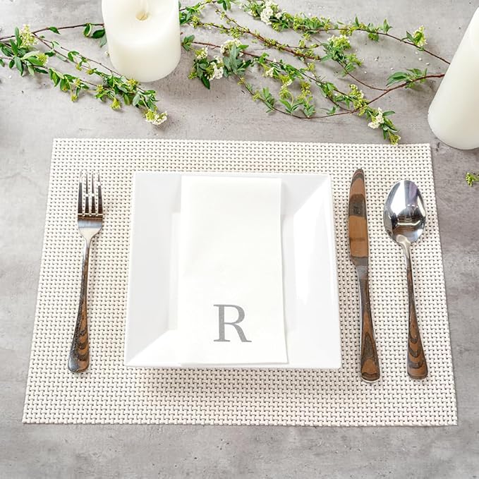 Luxenap 15.8 X 7.9 Inch Linen-Feel Guest Towels, 50 Lettered Hand Towels - Silver Letter 'R', Sans Serif Font, White Paper Dinner Napkins, airlaid, For Restrooms And Tables - Restaurantware