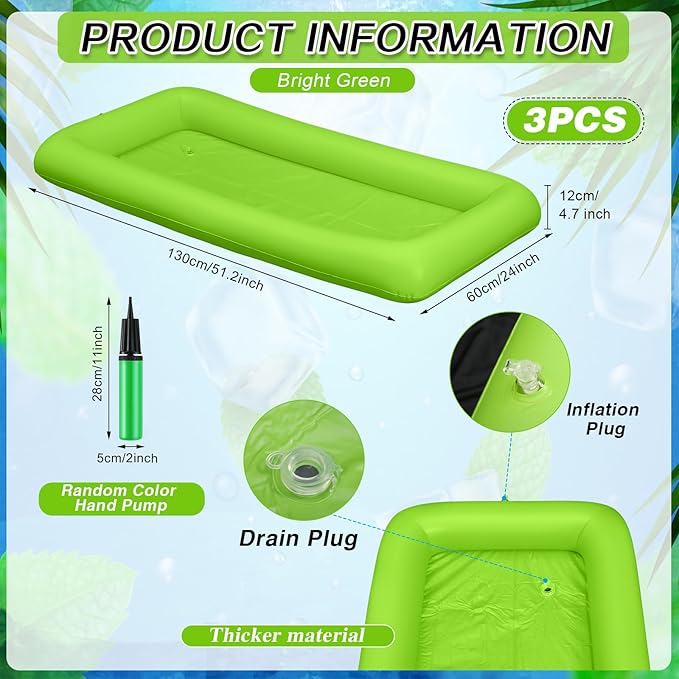 Leitee 3 Pcs Inflatable Serving Bar 52 x 24 x 5'' Ice Buffet Serving Tray Drink Cooler with Drain Plug Inflatable Pool Bar for Party Food Drink Holders with a Hand Pump(Green)