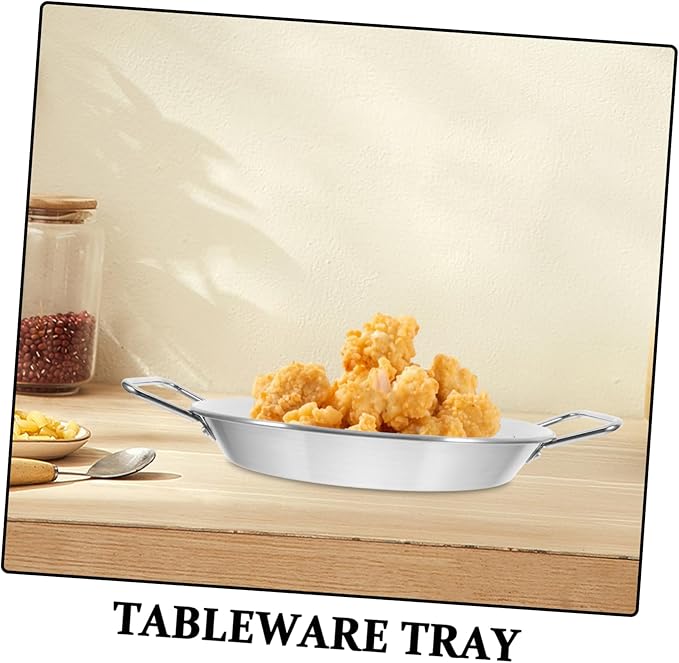 IMIKEYA 1pc Double Handle Serving Plate Stainless Steel Salad Dish Anti-scalding Party Food Plate 24cm Silver