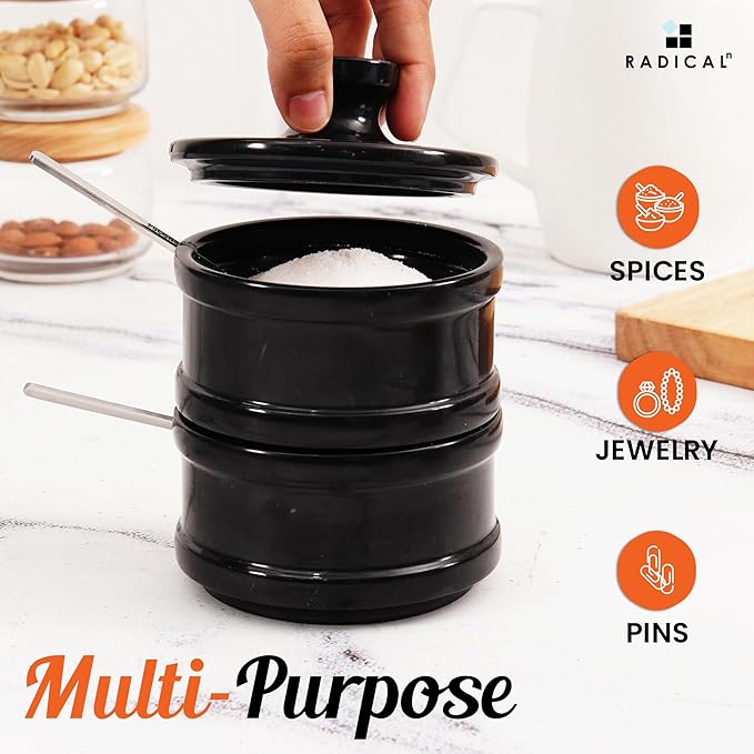 Radicaln Handmade Marble Black 5.5” Dual Salt Cellar With Lid – 2.3” Each Salt and Pepper Bowls Kitchen Container Storage Set – Ideal for Jewelry, Butter Keeper, Sugar & kitchen Décor