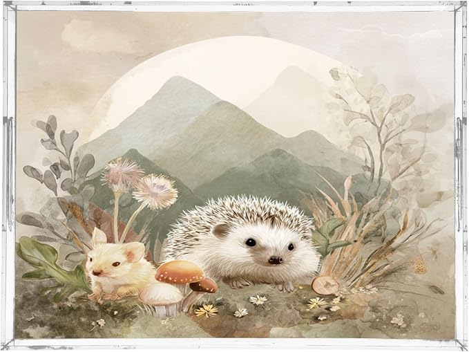 Serving Tray with Handles Clear Acrylic Tray 12x16 Inch Decorative Rectangular Tray Organizer for Ottoman Coffee Table Bathroom Beige Hedgehogs Mountains Mushrooms Flowers
