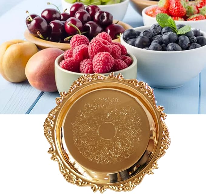 Round Fruit Plate, Metal Food Serving Tray Vintage Round Fruits Serving Platter Plates, Fruit Tray Dessert Cake Decorative Disk for Cakes, Desserts, and Baked Goods Wedding Party(Golden)
