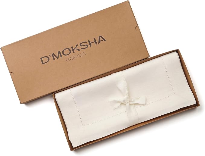 D'Moksha Homes Linen Ivory Table Runner 84 Inches Long - 100% Pure Linen Table Runner 14 x 84 Inch for Winter, Christmas, Holiday, New Year - Classic Hemstitch